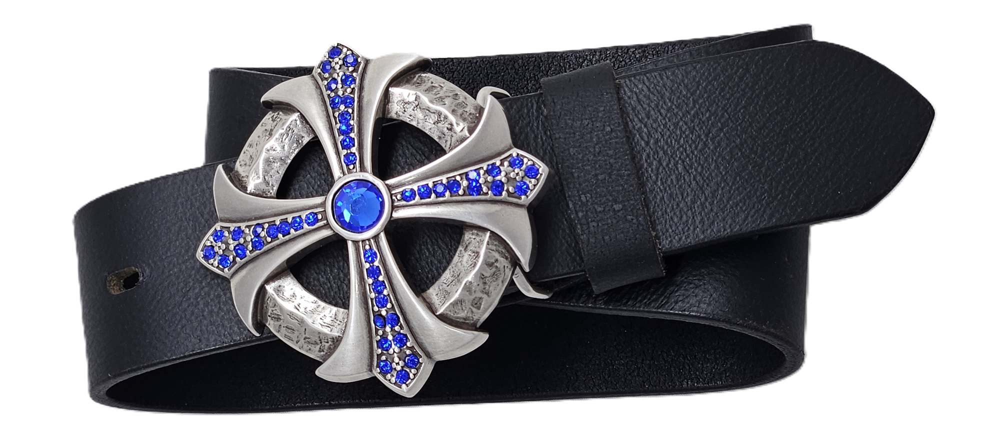 Luxusní kožený opasek 40 mm s masivní sponou Gothic Cross a královsky modrým štrasem