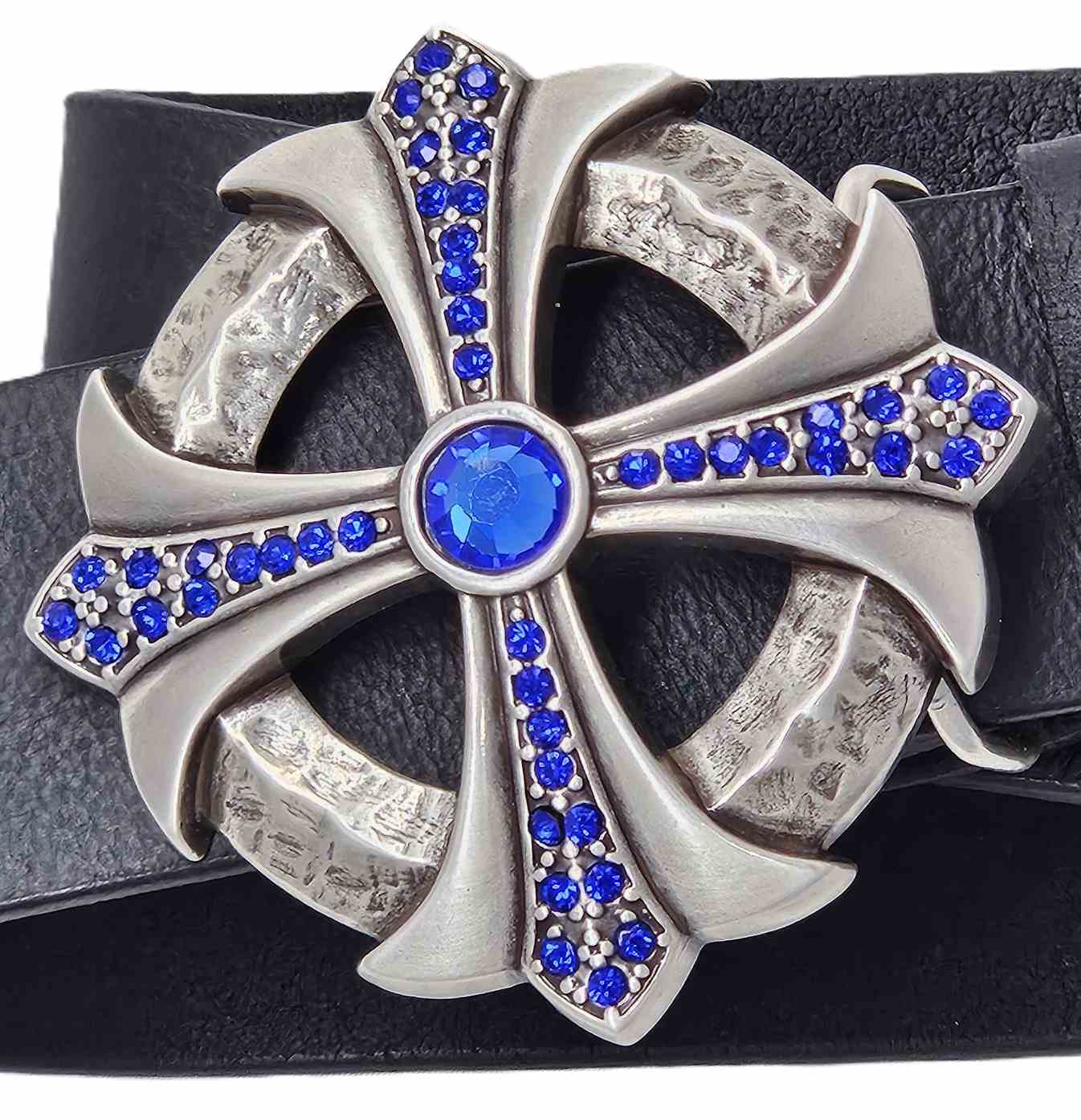 Luxusní kožený opasek 40 mm s masivní sponou Gothic Cross a královsky modrým štrasem