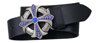 Luxusní kožený opasek 40 mm s masivní sponou Gothic Cross a královsky modrým štrasem